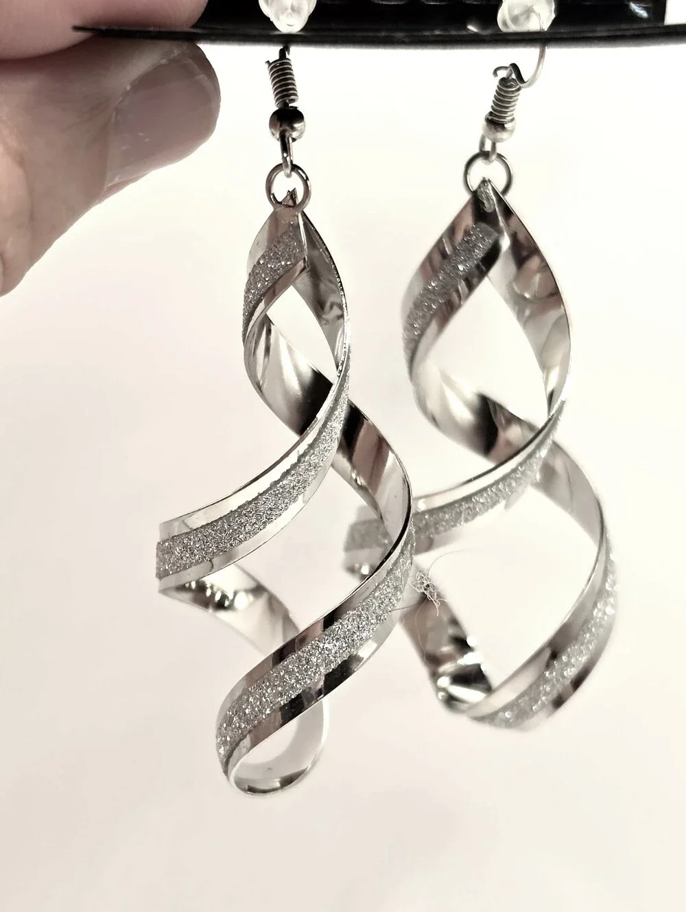 SilverToned Dangle Earrings Lightweight Shiney Textured Twisted Loop
